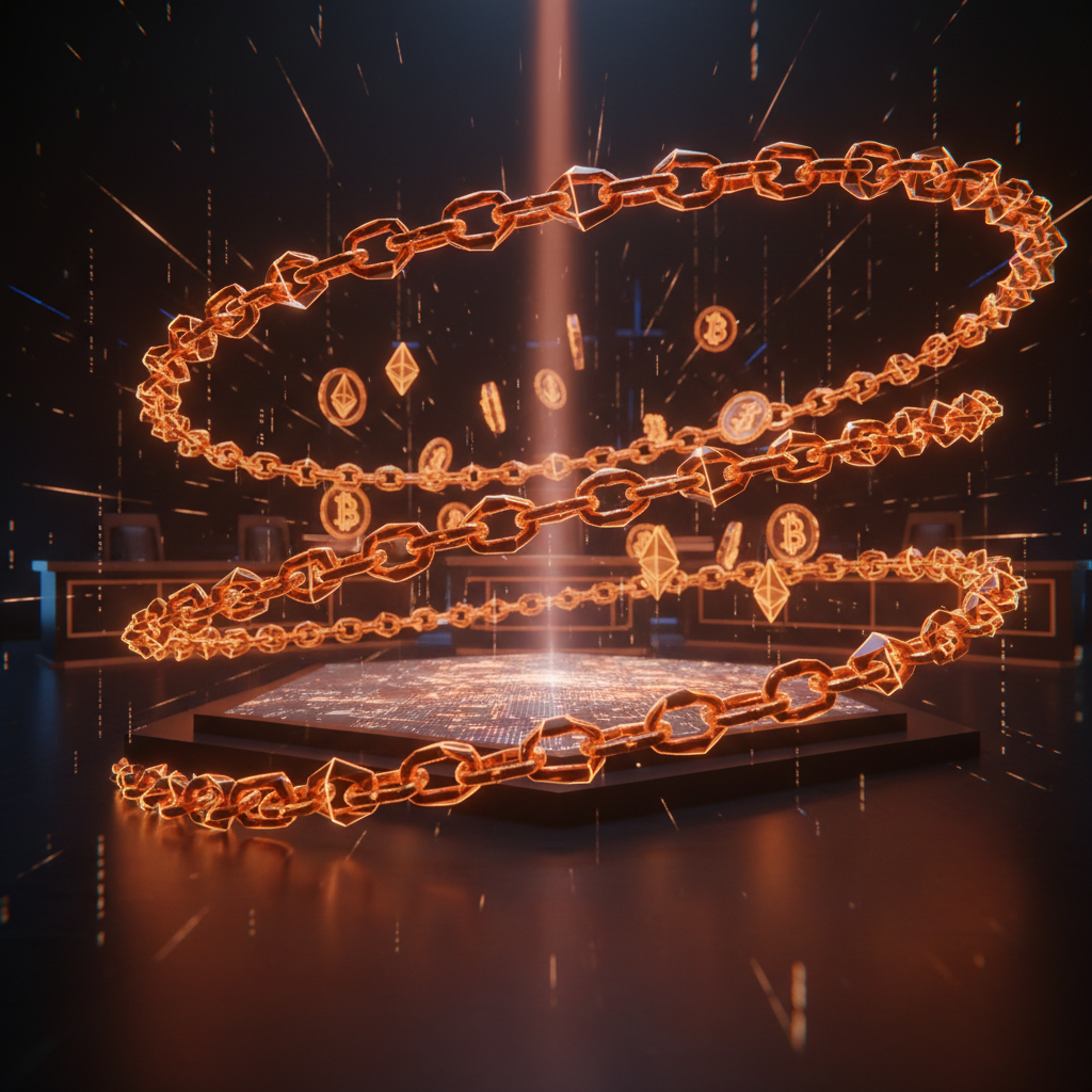 Abstract digital chains and cryptocurrency tokens representing a dark web marketplace Bitcoin seizure.