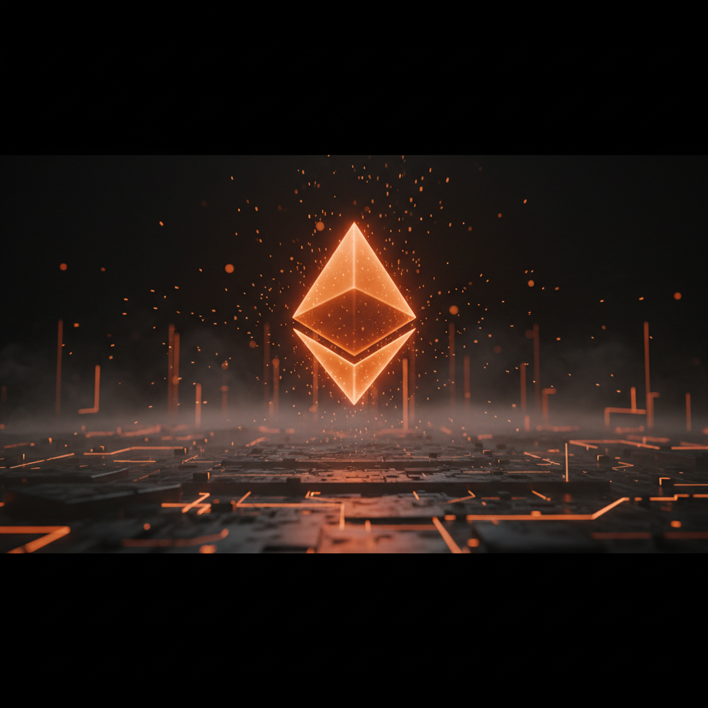 Glowing Ethereum crystal highlighting declining Ethereum fee burn on a dark digital network floor.