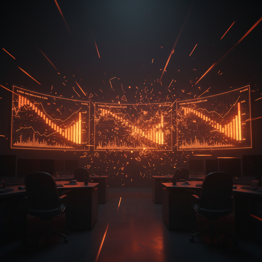 Digital charts crashing during an intense Ethereum liquidation cascade with fiery orange data streams