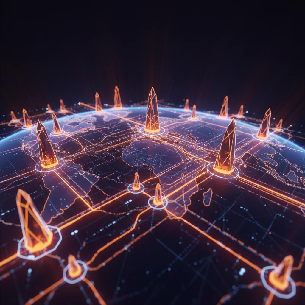 Interconnected global nodes illustrating the Solana validator latency and geographic optimization proposal