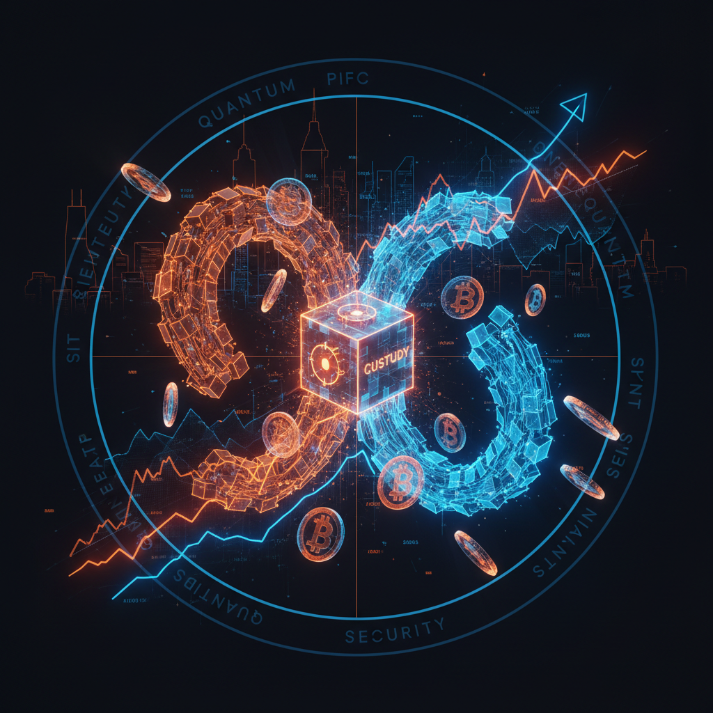 A high-tech digital security vault representing post-quantum blockchain custody with orange neon accents.