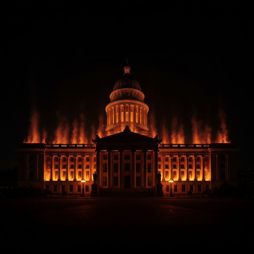A dramatic government capitol building backdrop highlighting the Cantor Fitzgerald Tether probe.