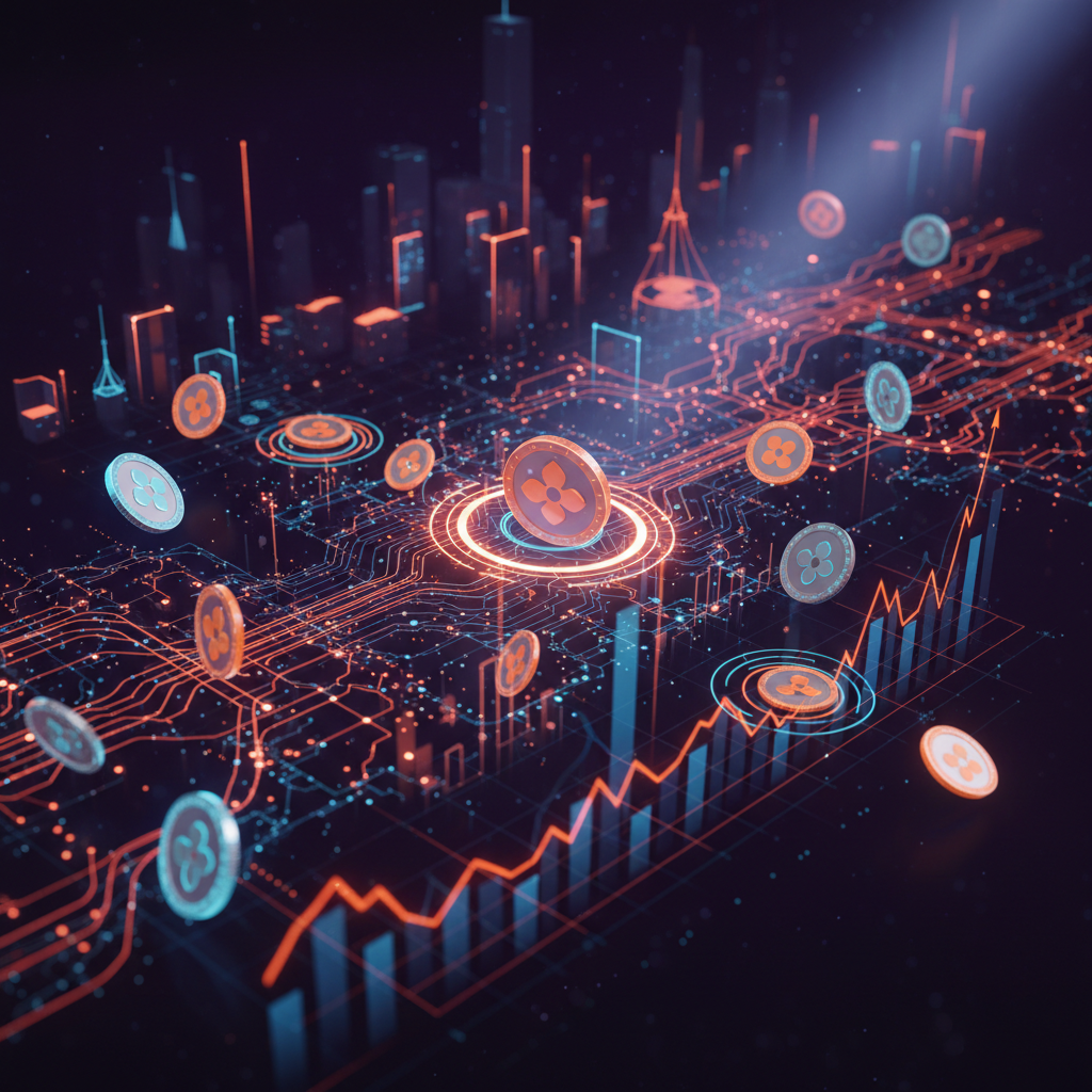 A conceptual illustration of the XRP Ledger stablecoin network with glowing orange digital paths.