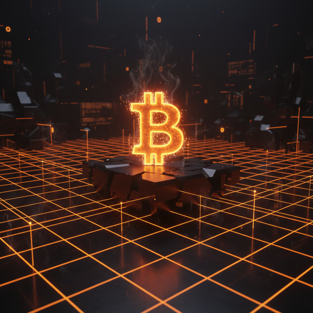 Bitcoin price consolidation visualized with glowing indicators and dark futuristic background.