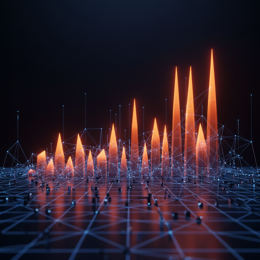 A digital trading chart displaying Bitcoin volatility trends with glowing orange neon indicators.
