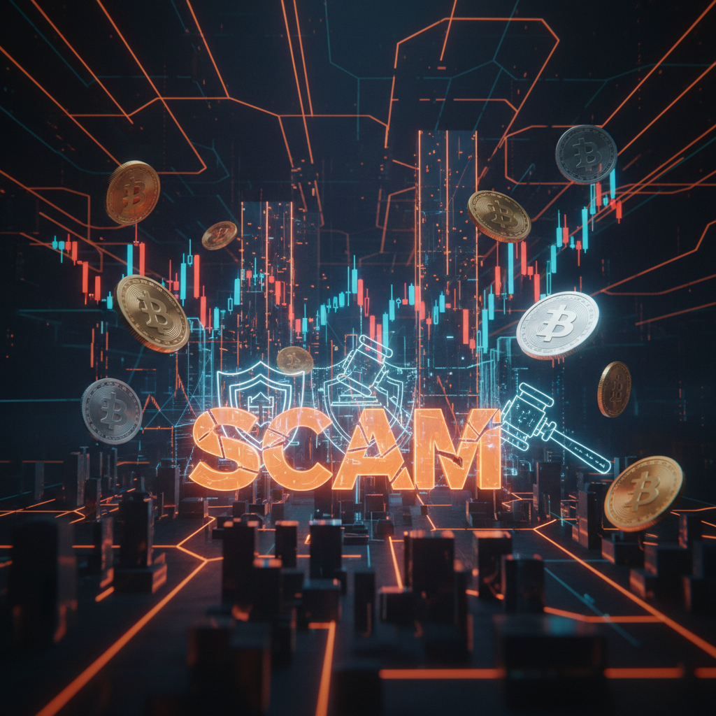 A dramatic low-key conceptual visual illustrating a crypto romance scam investigation.