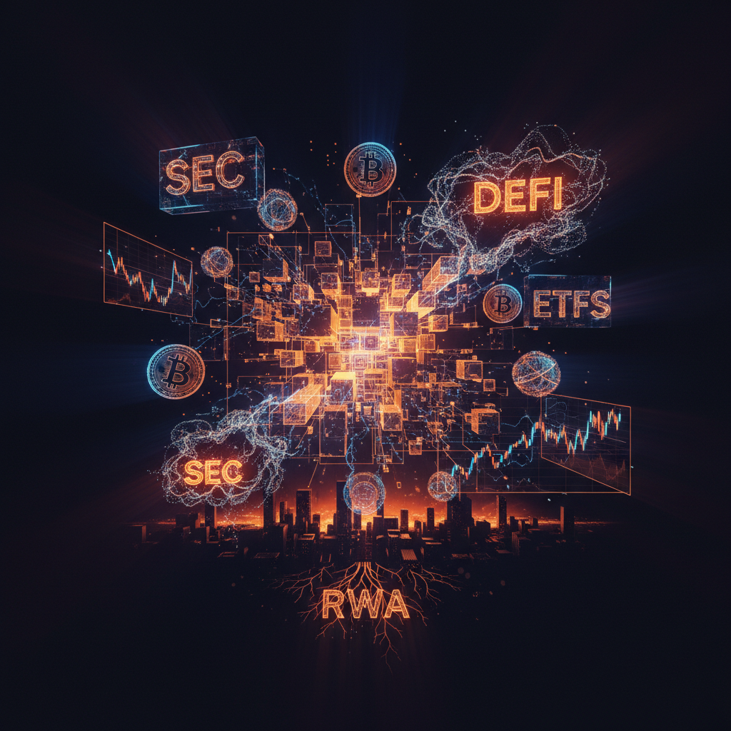 Digital contracts for tokenized assets glowing with orange highlights on an institutional desk.