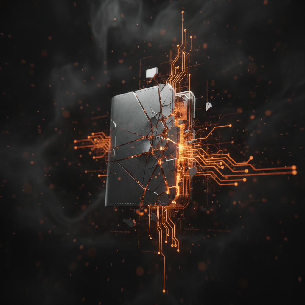 A damaged Ledger hardware wallet glowing on a dark cybersecurity workspace.