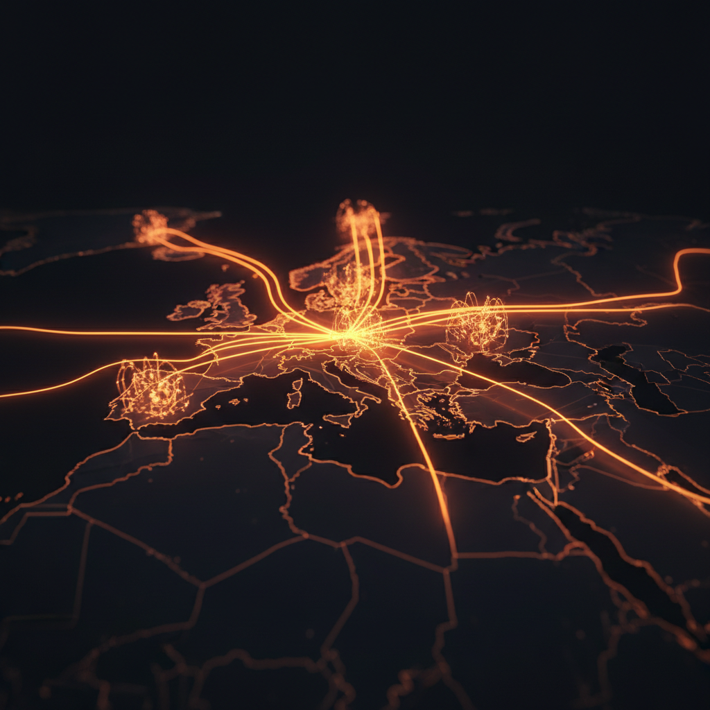Digital map of Europe with data conduits for crypto tax reporting.