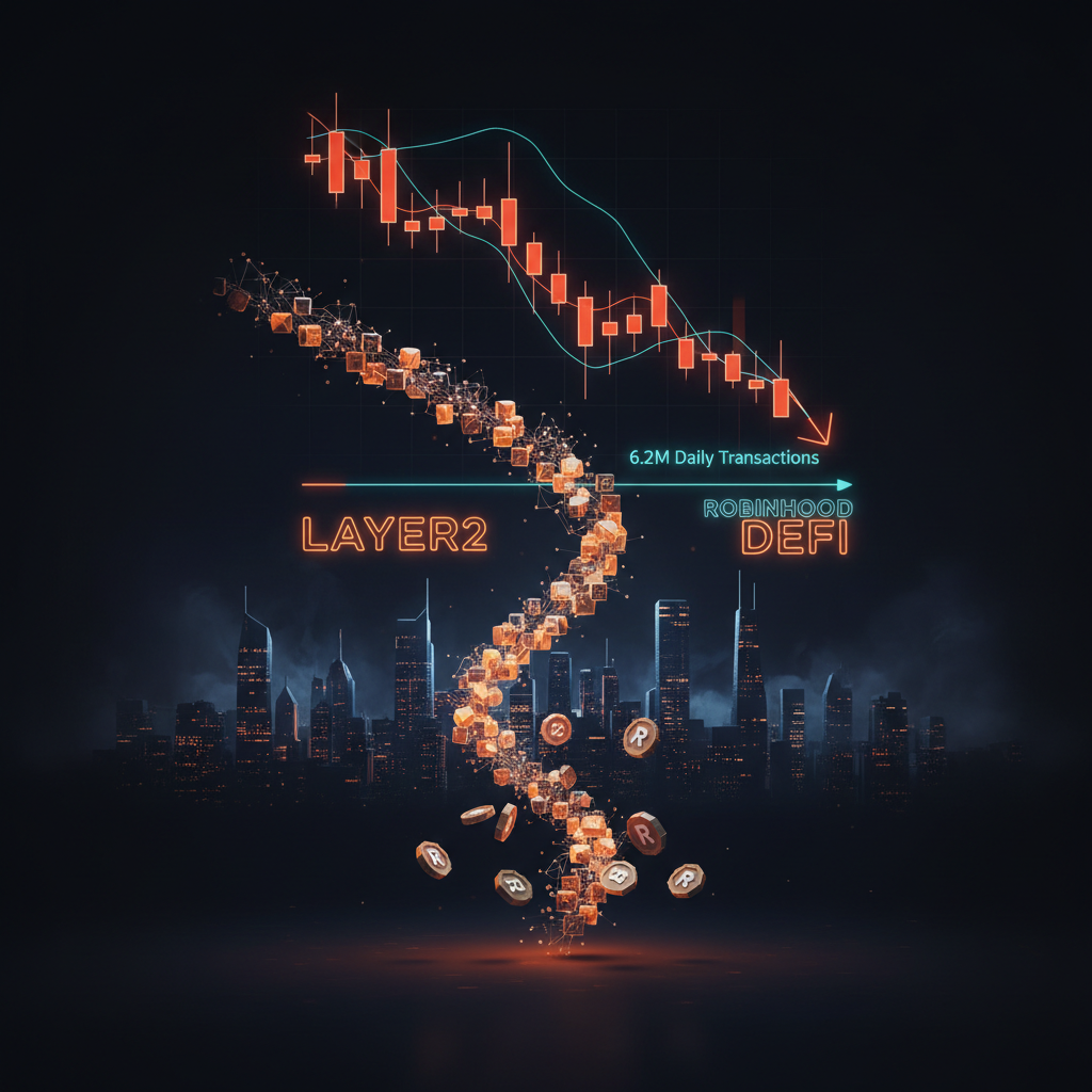 A glowing financial dashboard depicting Robinhood Chain activity curves on a dark background.