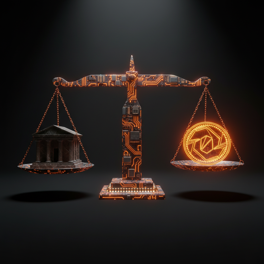 Digital vault with orange neon lines representing stablecoin yield regulations and banking oversight.
