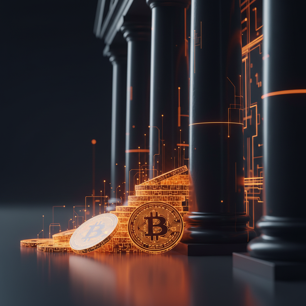 Futuristic bank vault and glowing tokens representing institutional crypto banking services in Dubai.