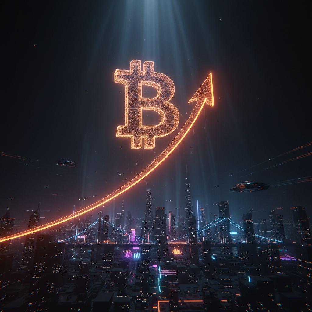 Ascending neon orange trendline illustrating the Bitcoin path to $90K across a dark digital chart