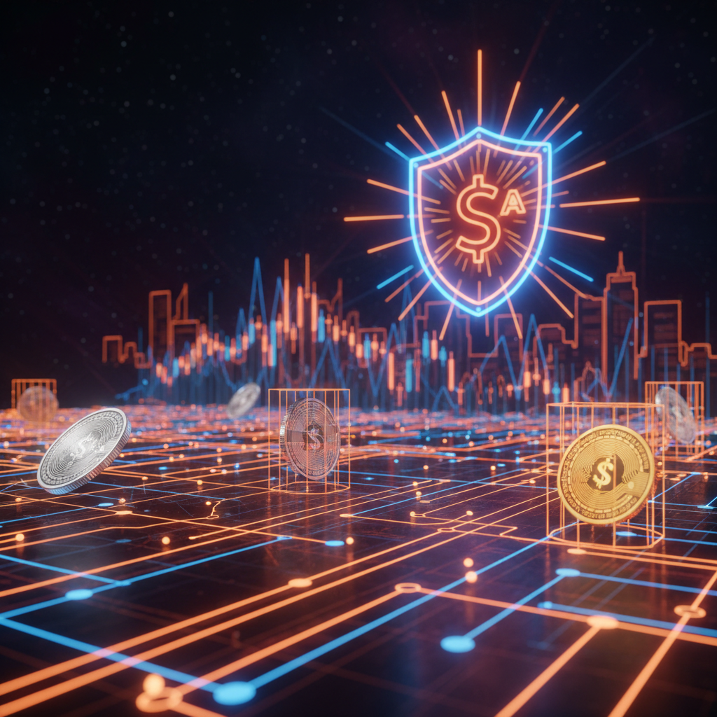 A courtroom scale glowing in orange neon symbolizing Australia crypto regulations and financial oversight.
