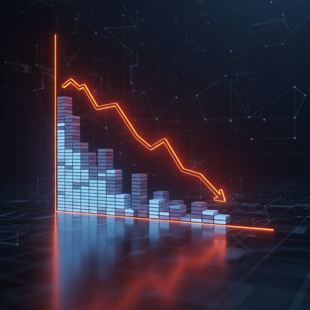 A glowing financial chart showing a Bitcoin price drop against a dark electronic background.
