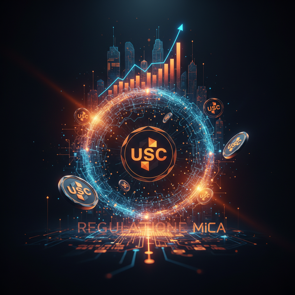 Digital stablecoin coin illuminated with regulatory European symbols showing USDC MiCA status