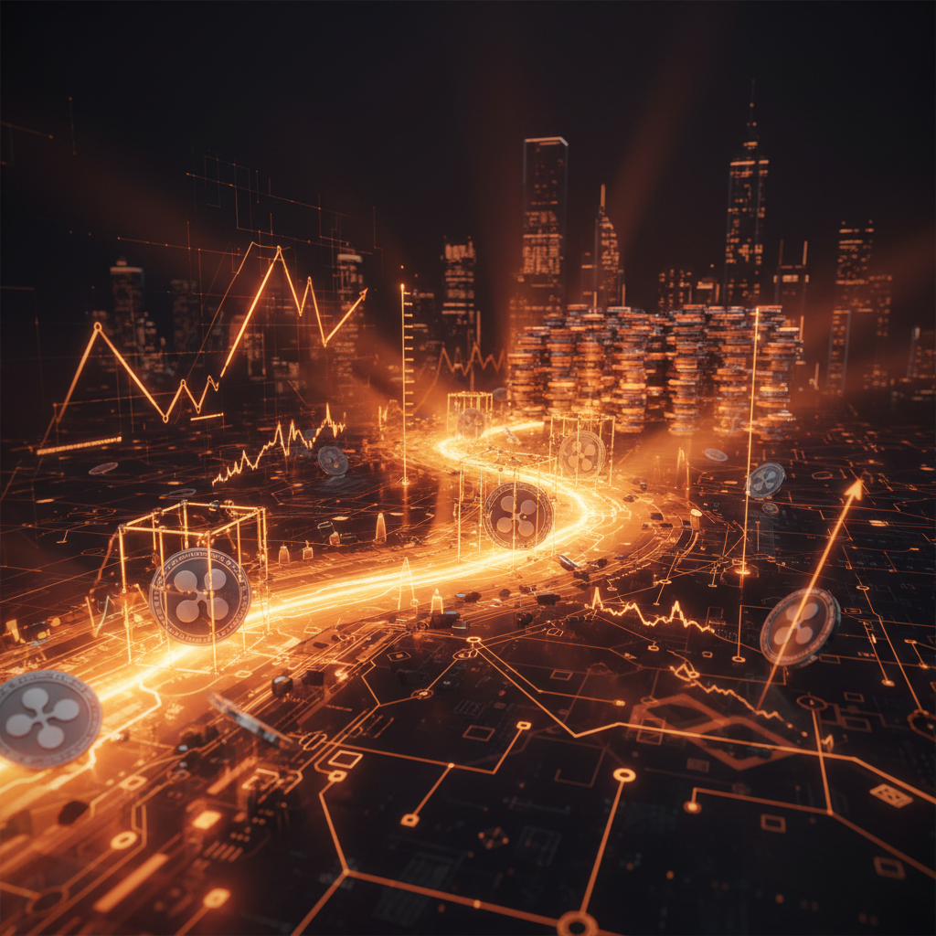 Futuristic digital vault with glowing orange barriers showing XRP withdrawal delays and lockup queues