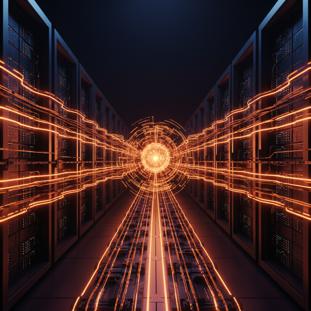 Futuristic neural networks converging on a radiant cryptocurrency node representing Arthur Hayes Bitcoin AI.