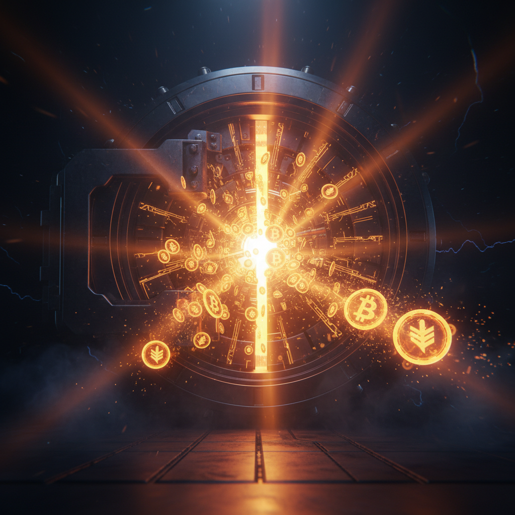 A digital vault glowing with orange light representing the Binance XRP giveaway.