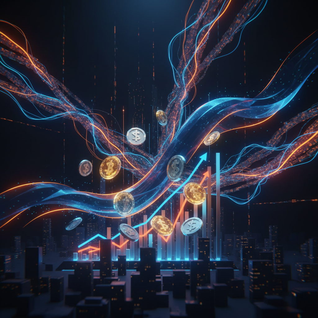Digital dollar tokens glowing alongside fiat banking charts highlighting stablecoin growth trends.