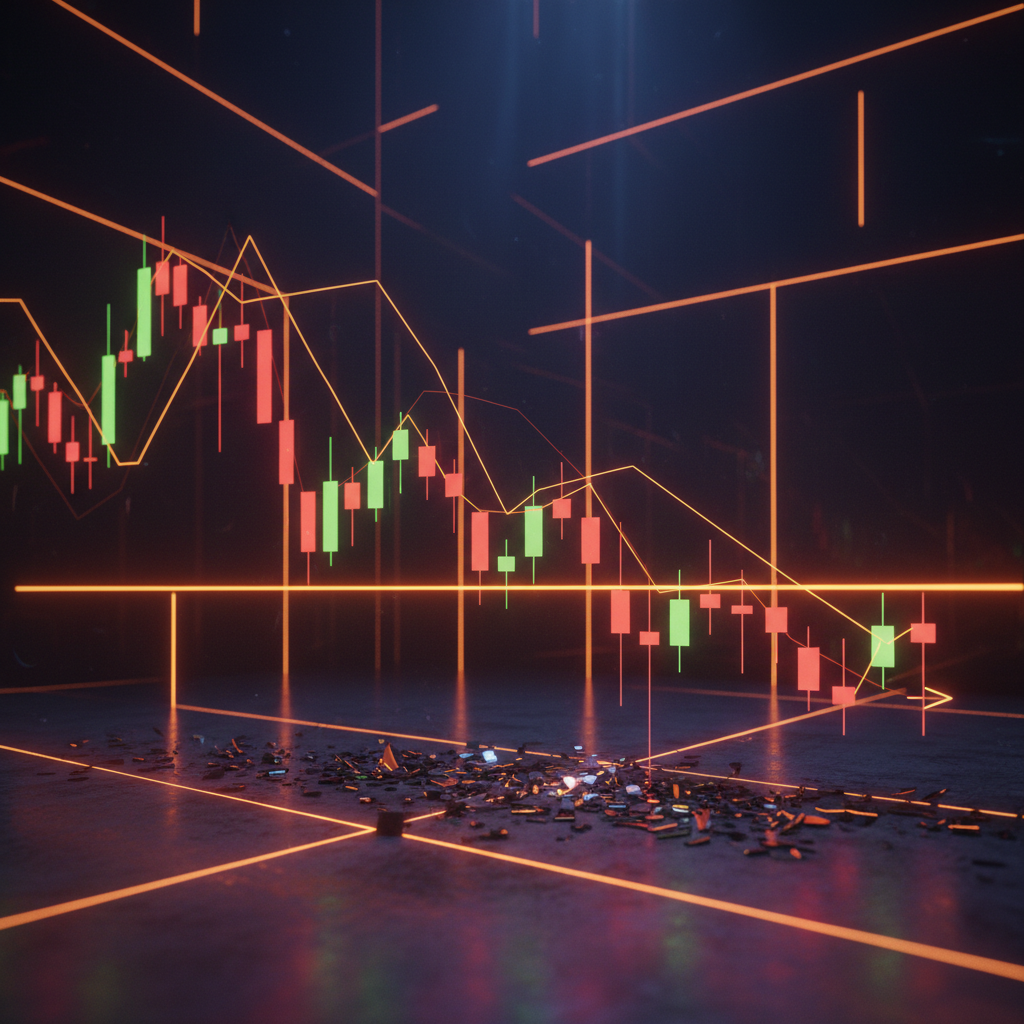 A technical market chart displaying Bitcoin price support levels glowing under orange neon lights.