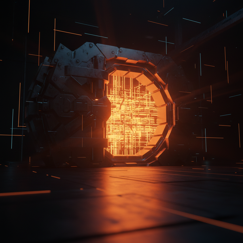 A high-tech digital investment vault illuminated in orange highlighting the Bitwise XRP ETF reserves.