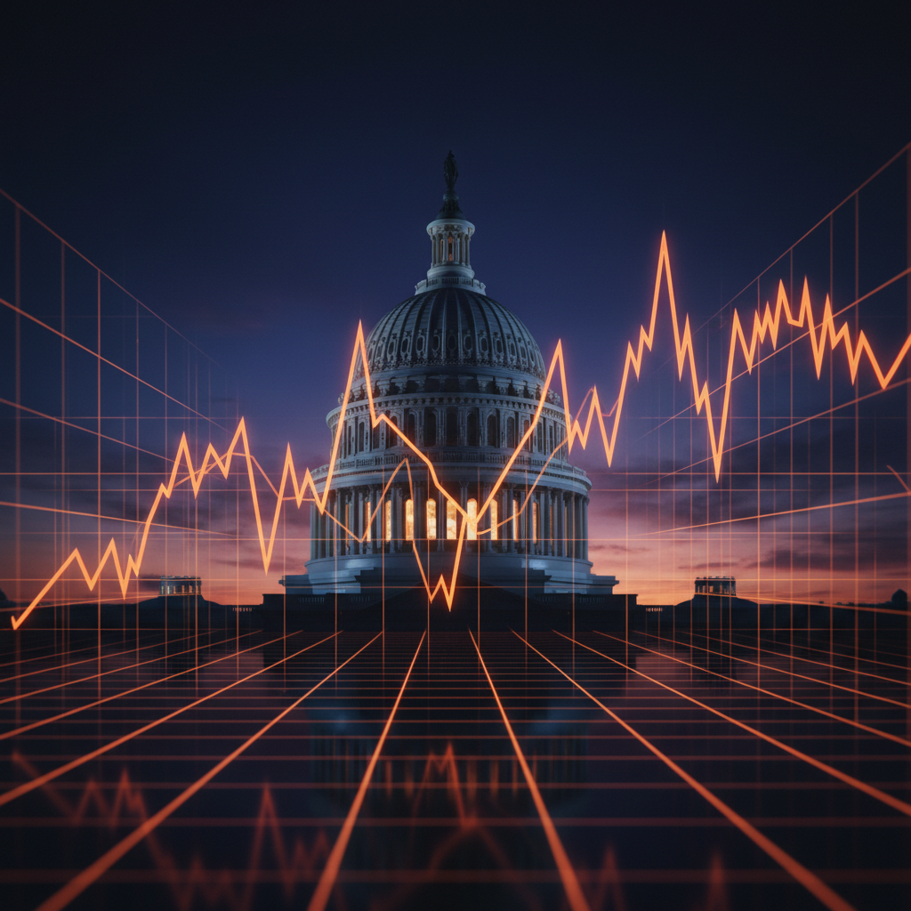 The US Capitol building framed by glowing market grids illustrating crypto political donations dynamics.