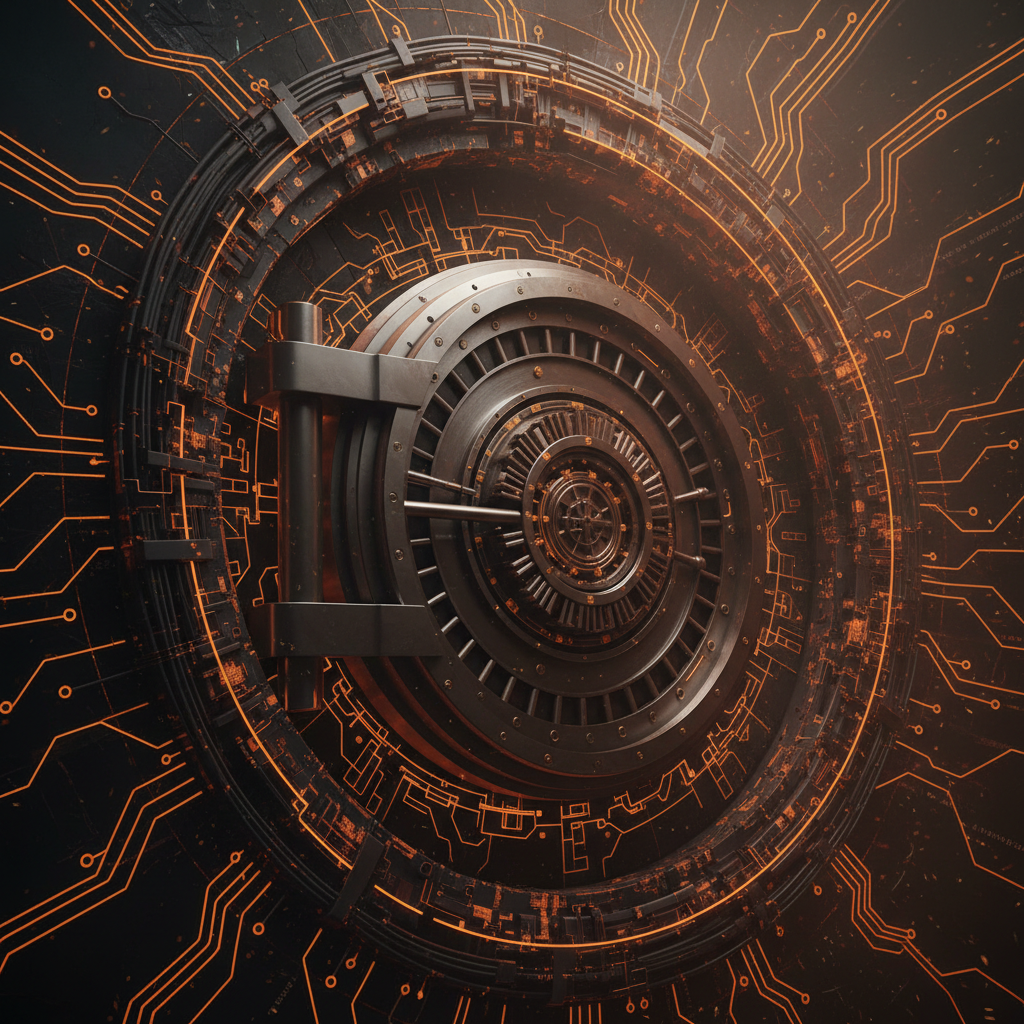 An institutional banking vault illuminated in neon securing Deutsche Bank Bitcoin custody.