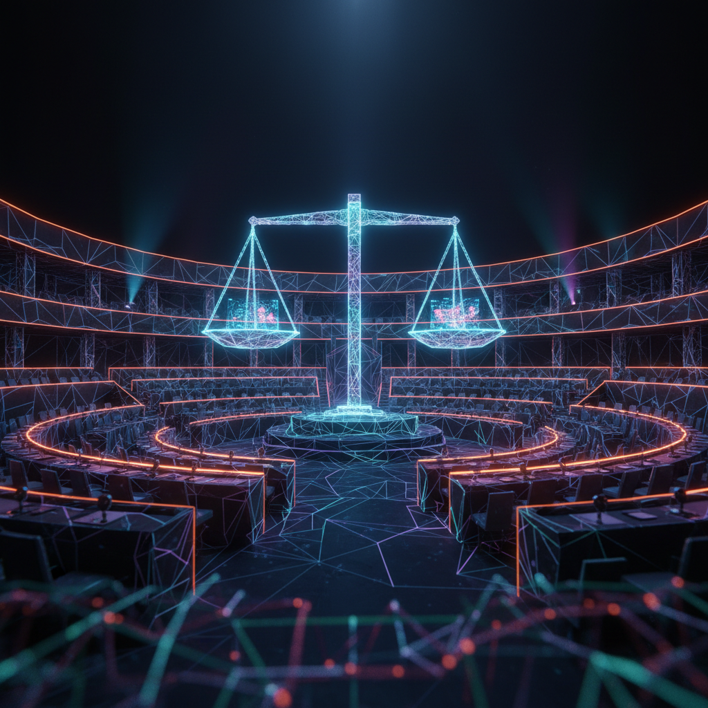 Digital scales of justice representing the French stablecoin tax debate with orange neon highlights