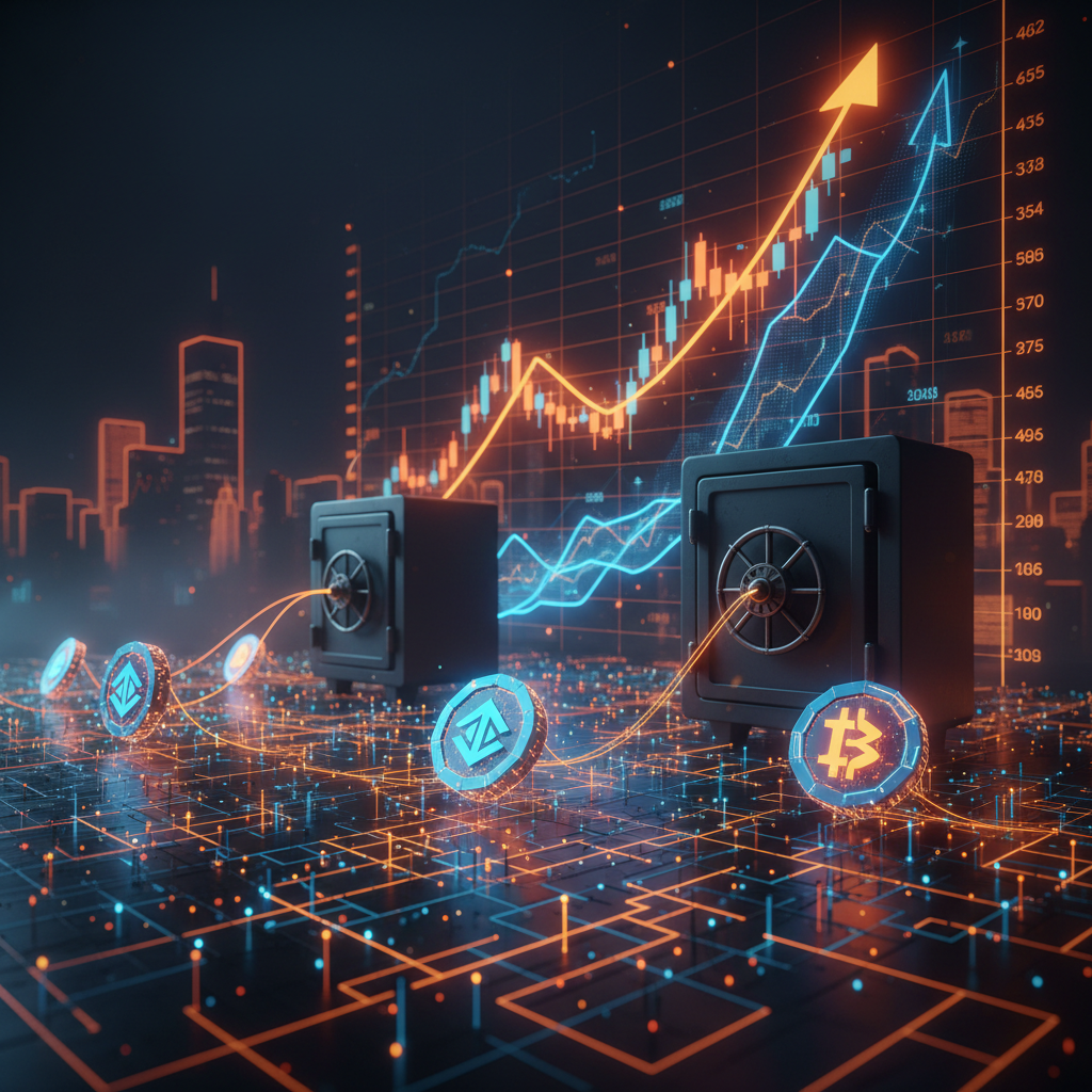 Futuristic digital currency vault illustrating stablecoin banking risks with orange neon accents