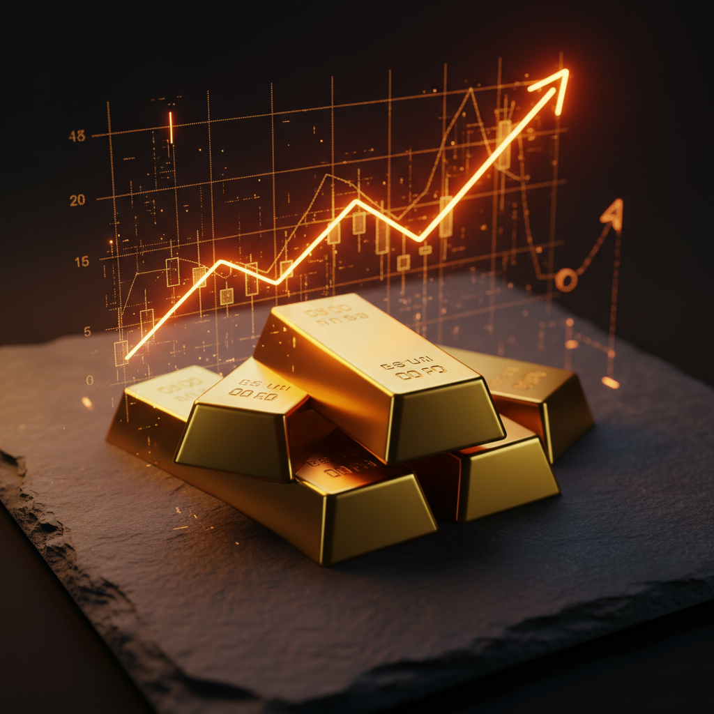 Gold bars illuminated by data streams during a volatile gold price inflation reaction.