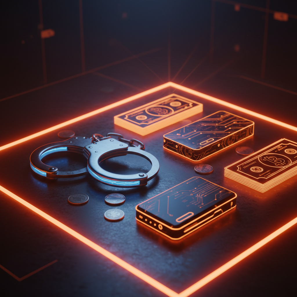 Hardware wallets and confiscated assets symbolizing the Richard Heart arrest with orange neon accents