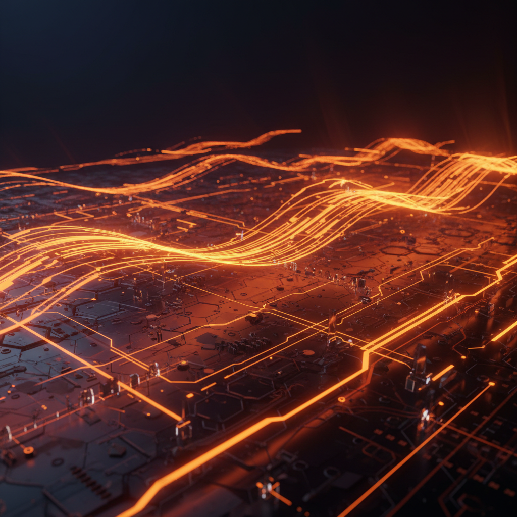 Streamlined data conduits illustrating Injective gas fees optimization with orange neon computational tracks.
