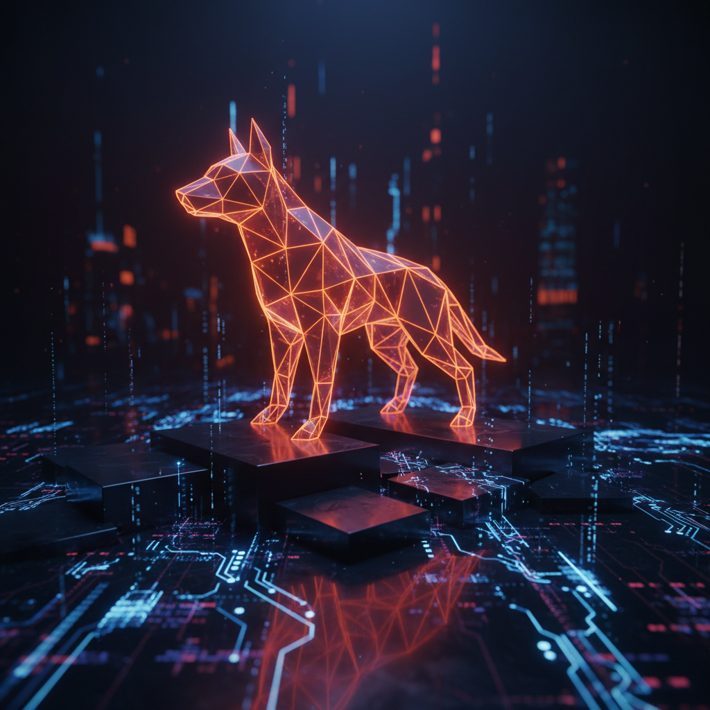 Futuristic canine digital symbol highlighting declining SHIB exchange supply data.