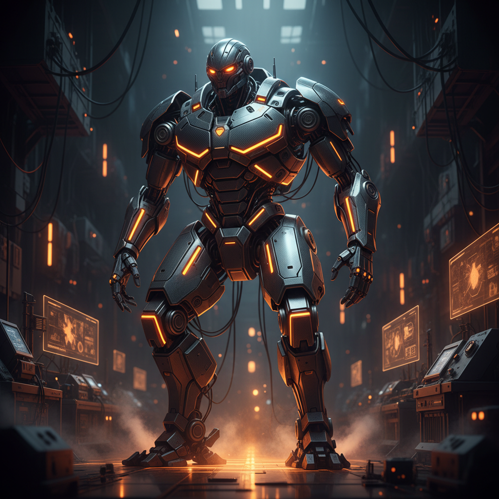 A cinematic industrial setting highlighting humanoid robot development with orange neon cybernetic highlights.