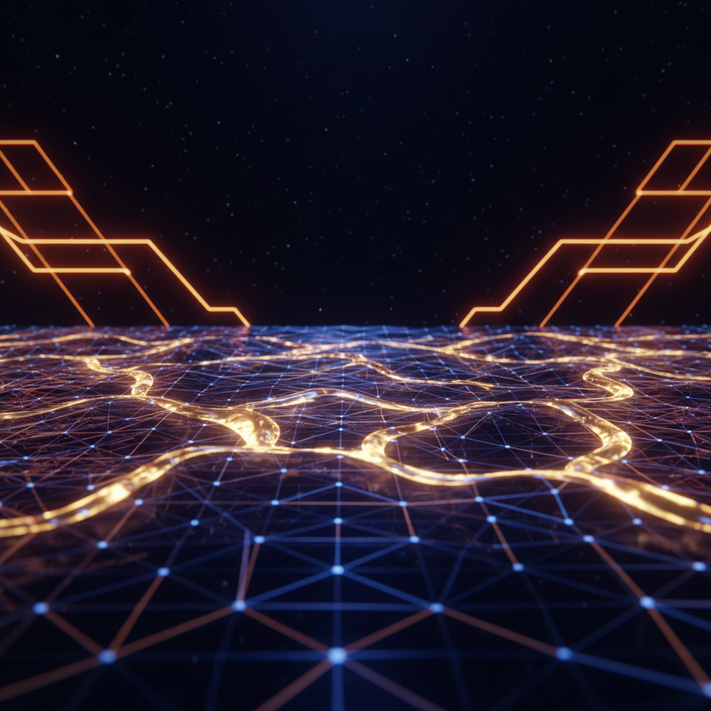 Abstract digital visualization depicting high TRON stablecoin volume and glowing blockchain network pathways.