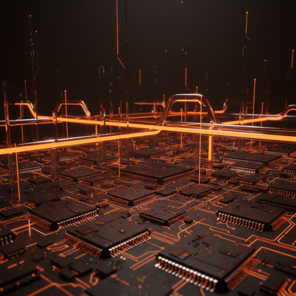 Microchip architecture illustrating Vitalik Buterin Bitcoin mining and AI infrastructure comparisons in orange neon.