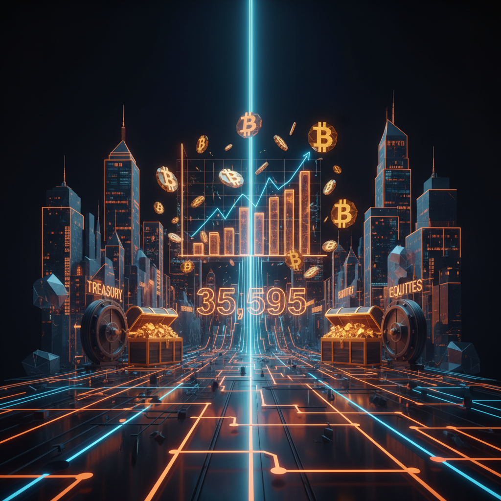 A digital vault showing the Strive Bitcoin treasury accumulation with vibrant orange data streams.