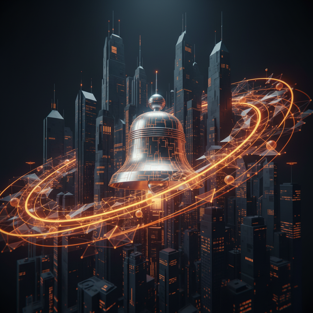 A digital stock exchange graphic illustrating the crypto weekly recap with glowing orange accents.