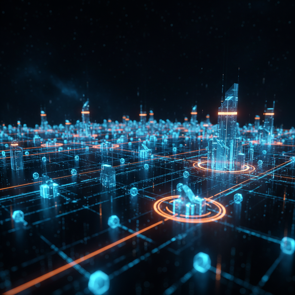 Futuristic digital network nodes representing the incoming XRP Ledger upgrade with orange neon highlights.