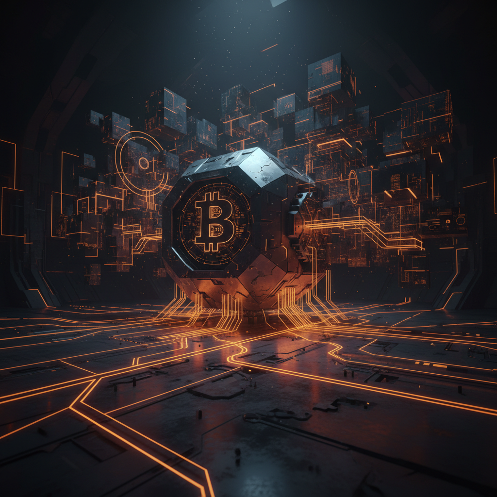 Cryptographic lock mechanism representing the Aave native Bitcoin collateral integration with orange neon highlights.