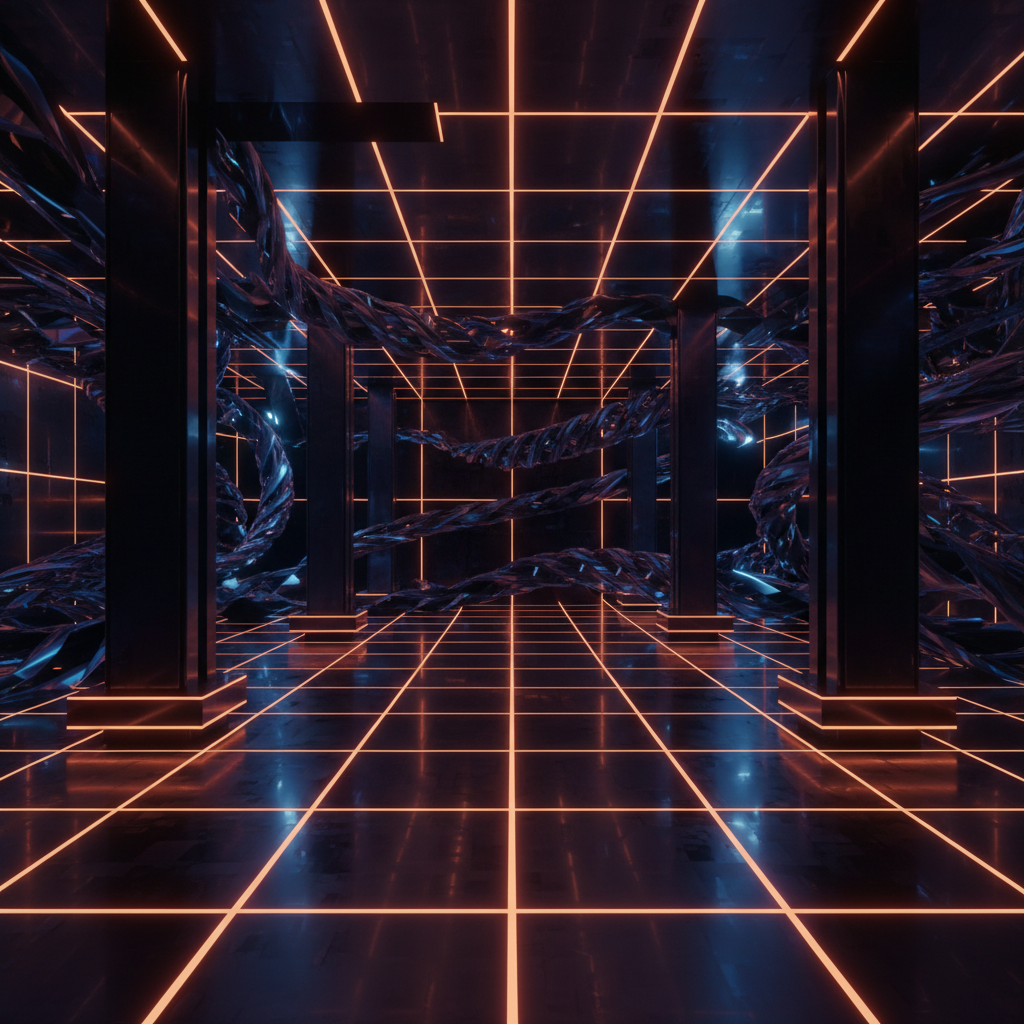 Futuristic digital liquidity vault representing Aave stablecoin backstops with orange neon accents.