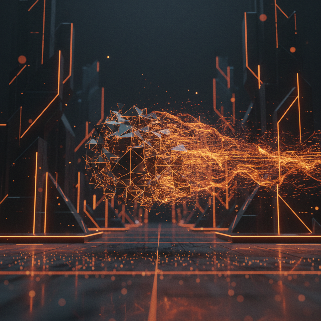 Futuristic digital assets disintegrating into orange ember sparks illustrating the BTT token burn