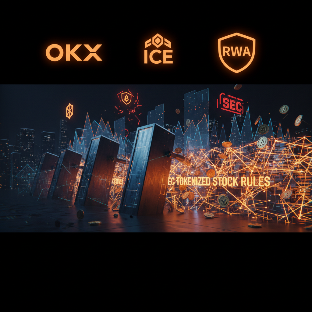 Digital holographic trading boards illustrating the SEC tokenized stock framework debate with corporate figures.
