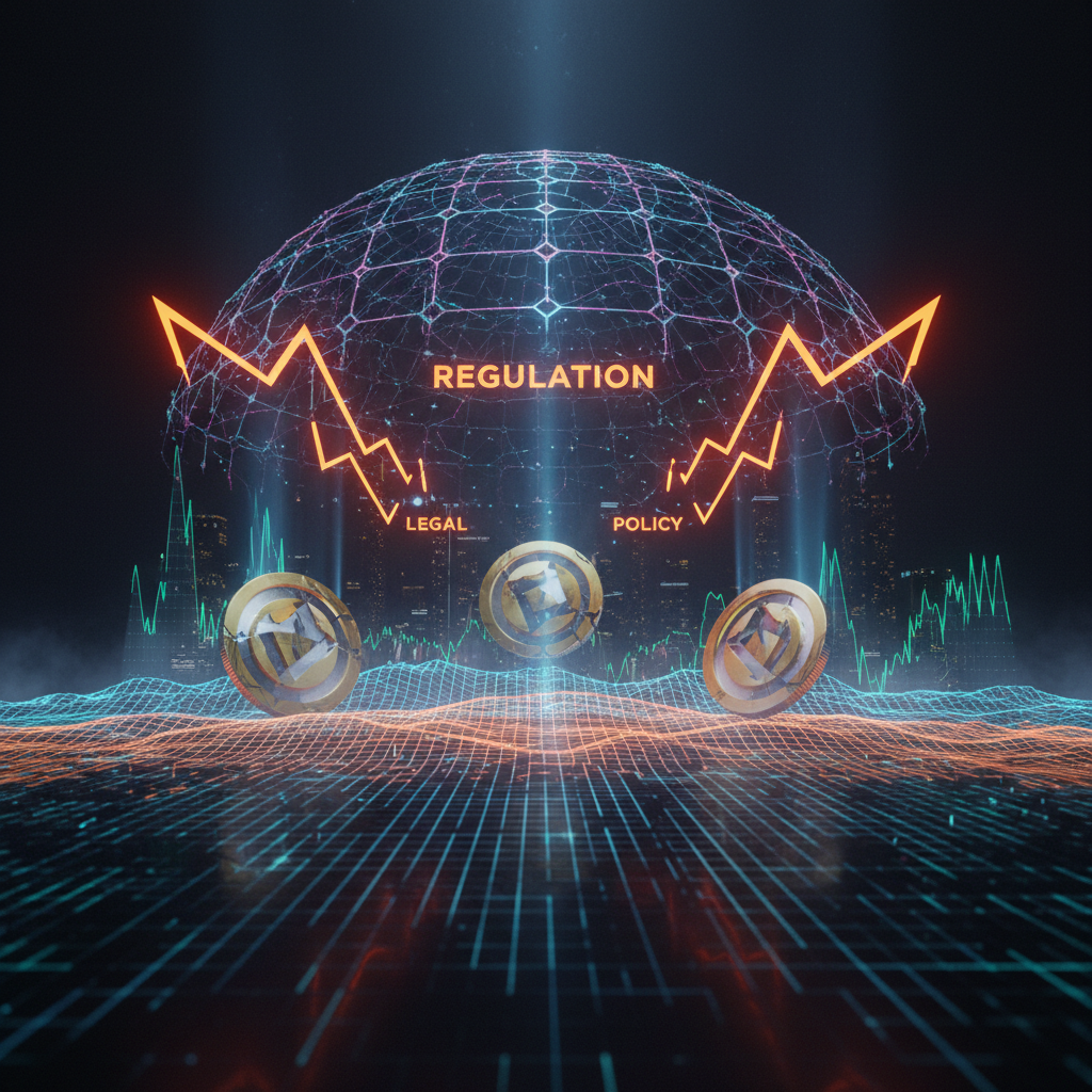 A courtroom with digital scales illustrating the changing crypto legal landscape.
