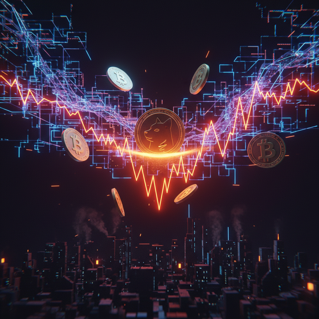 Crypto market monitor displaying declining Dogecoin trading volume indicators beside orange neon candles.