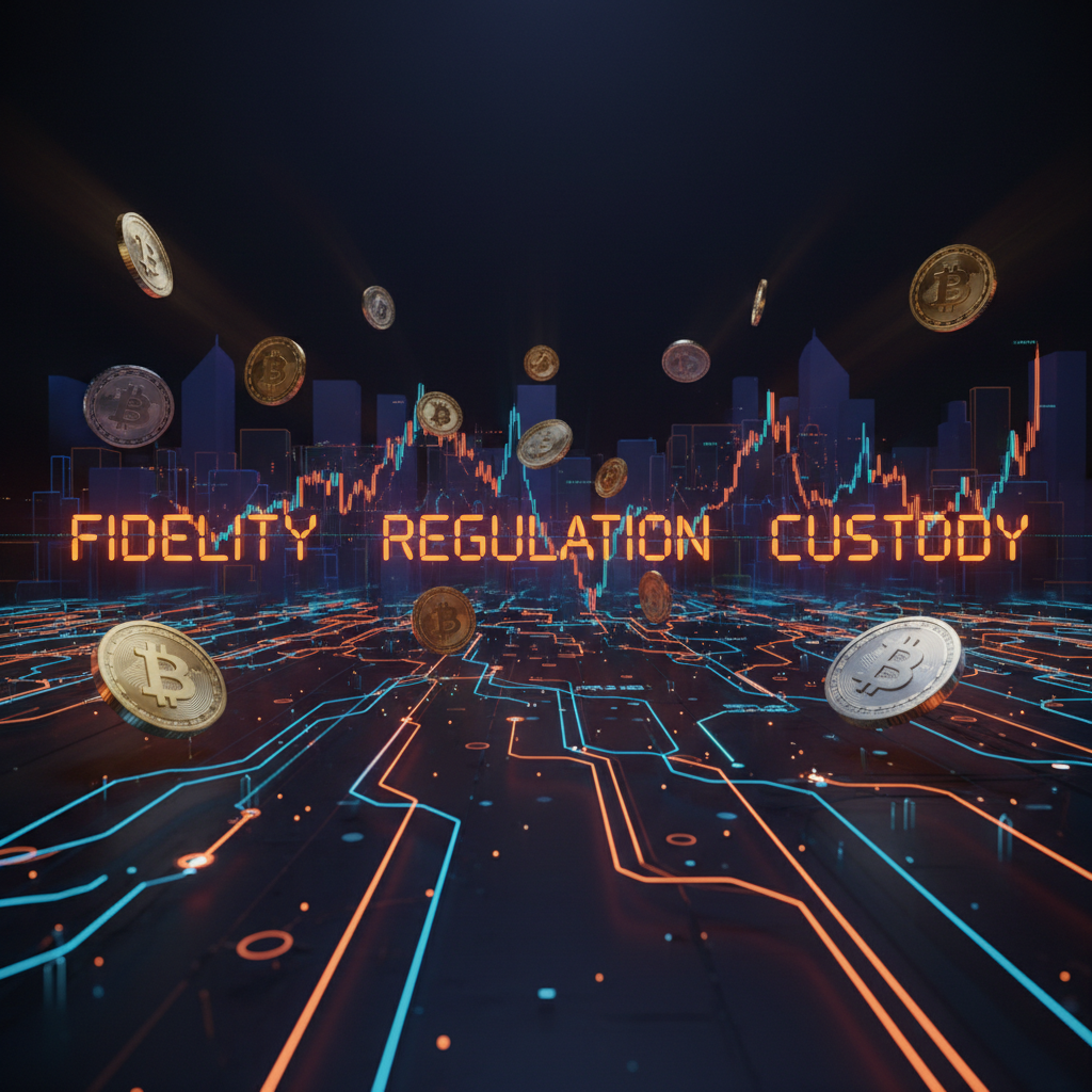 A glowing high-security institutional vault reflecting the Fidelity crypto settlement terms.