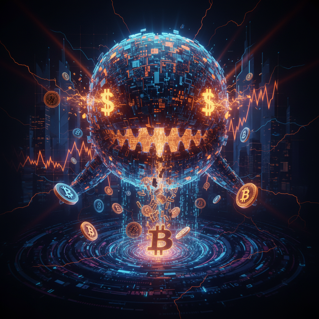 Digital trading interface showing Bitcoin liquidation risk warnings in orange neon lights
