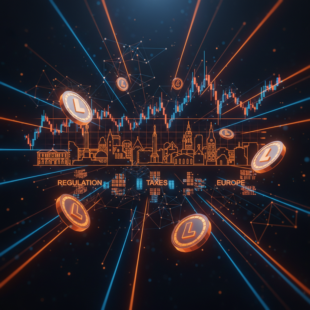 Stylized European government building with digital ledger graphics illustrating the Latvia crypto tax reform.