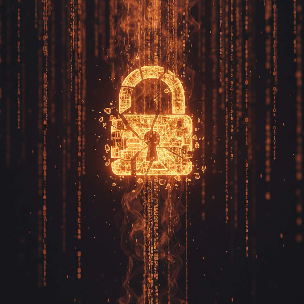 Glowing digital lock breached by a malware attack representing a Bitcoin theft scam.